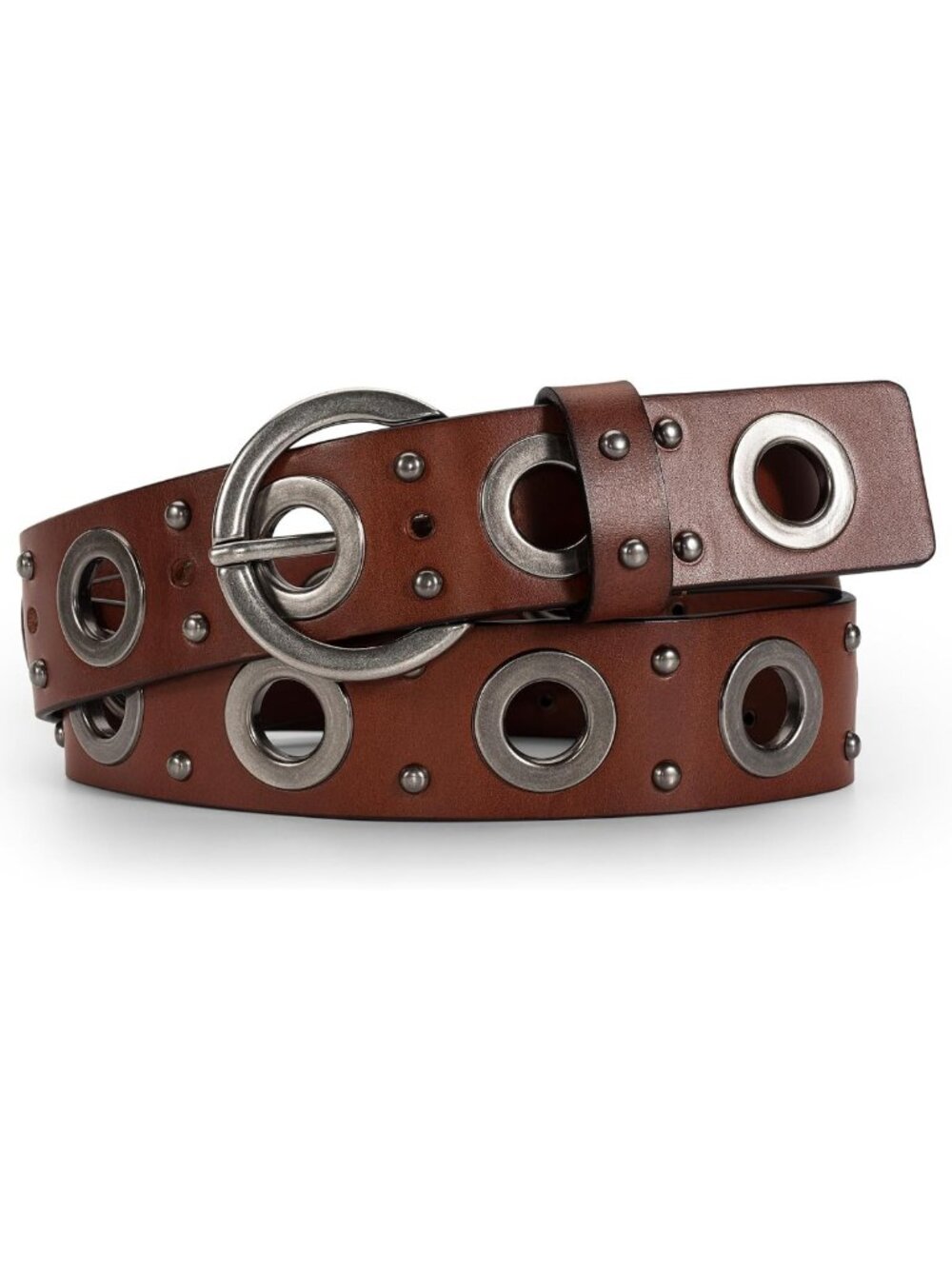 Stylish Women's Genuine Leather Belt 1.5” Chunky Silver Ring & Studded Detail